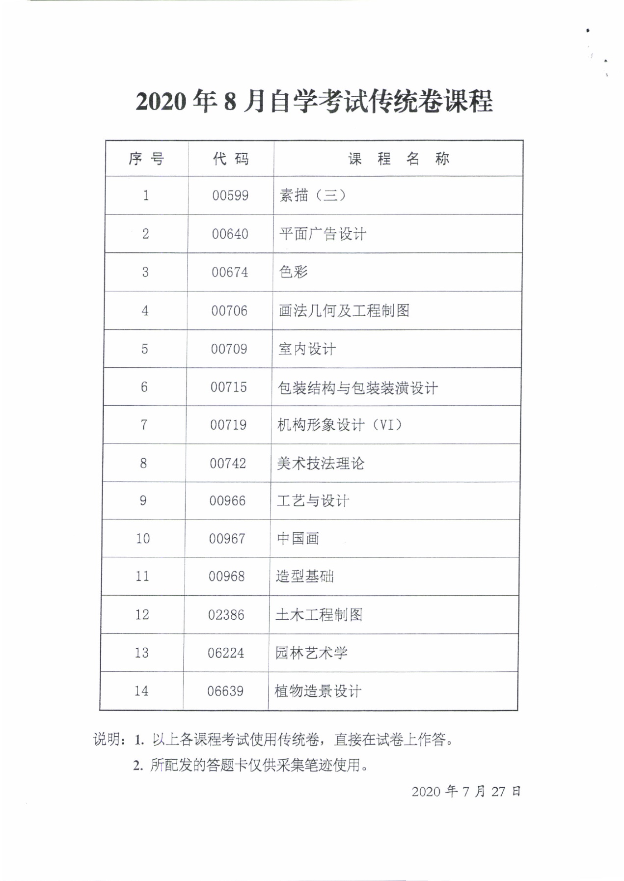 2020年8月自學考試專用答題卡課程 傳統卷課程信息